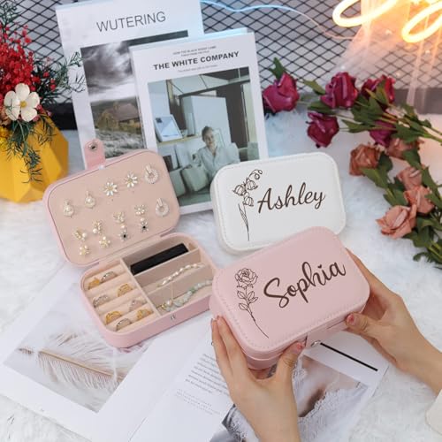 Corissy Personalized Jewelry Box for Women, Custom Travel Jewelry Case with Name and Birth Flower, Leather Jewelry Box for Rings, Earrings, Necklaces, Personalized Gifts for Women — view 3