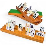 Queensell Domino Holders for Classic Board Games - Wooden Domino Racks Set of 4 - Mexican Train Domi