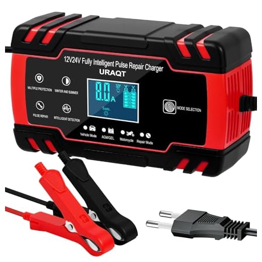 URAQT Batteriladdare, 8A 12V/24V Helautomatisk Laddare med LCD Pekskärm, Underhållsladdare, Bilbatteriladdare, Helautomatisk Smart Laddare, Lämplig för Bilar, Motorcyklar, Gräsklippare Eller Fartyg Etc.