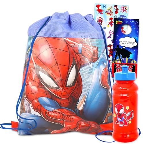 Marvel Store Spiderman Drawstring Bag and Water Bottle - Spiderman Travel Set with Drawstring Bag and 16 Oz Pull Top Water Bottle for Boys and Girls (Marvel Travel Bag)