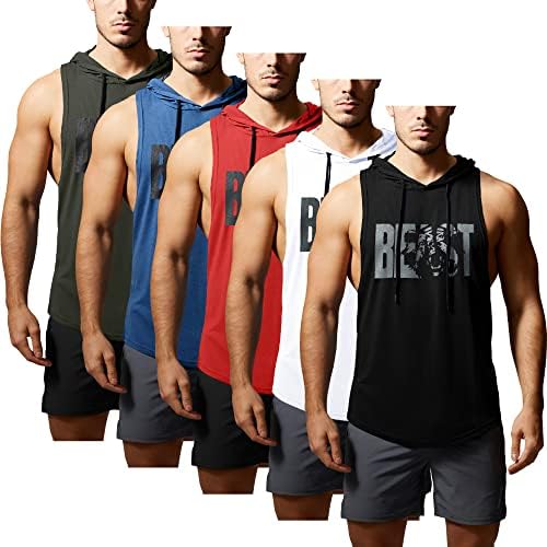 GYM REVOLUTION Men's 5 Pack Beast Workout Sleeveless Shirts Muscle Hooded Tank Gym Fitness Sleeveless Hoodies Black White Red Blue Green M