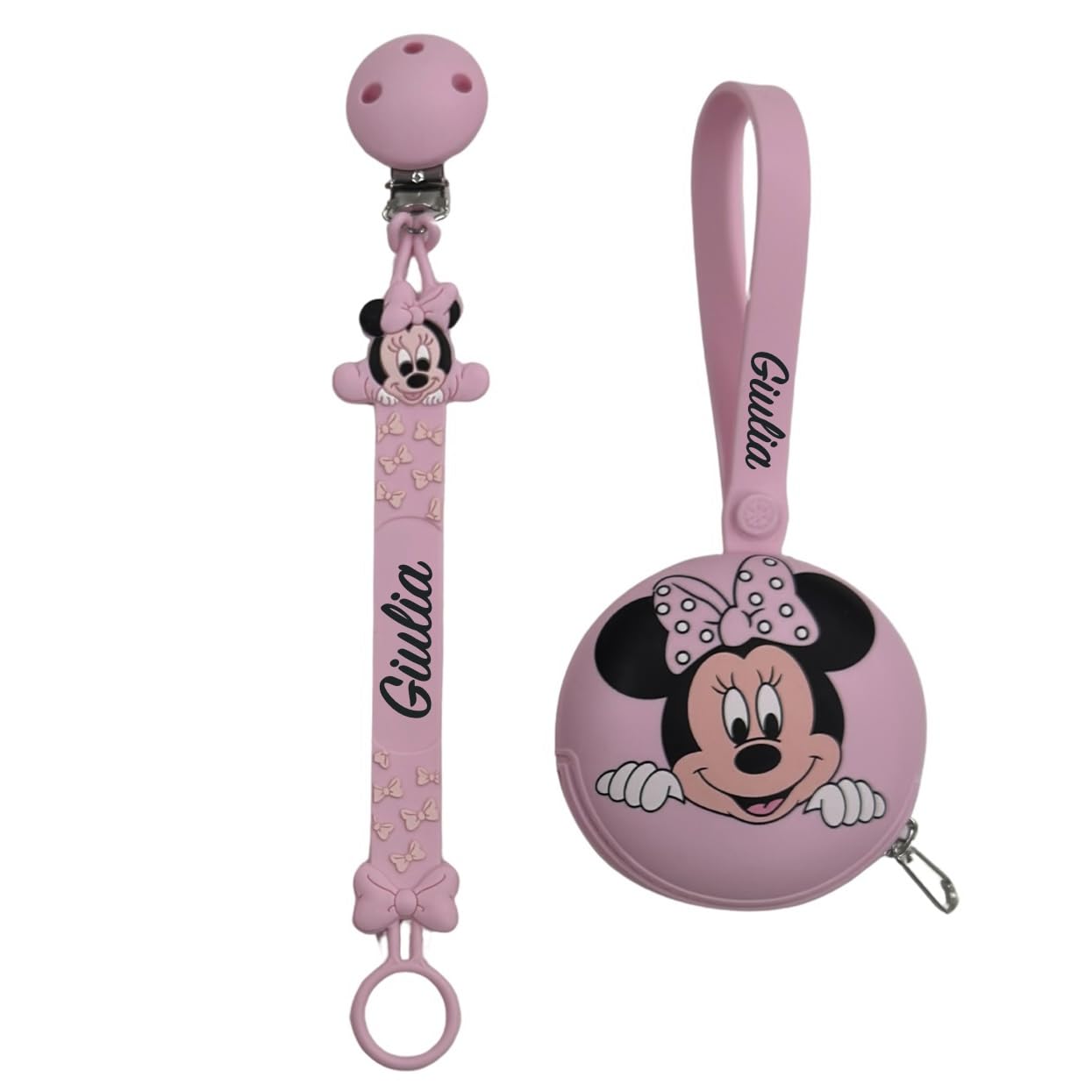 NOVITÁ Fettuccia IN SILICONE, Catenella portaciuccio personalizzata con nome FLAT BABYJART, lavabile, sicura per il bambino, compatibile con ciuccio MAM e CHICCO! (Minnie Rosa Pastello)