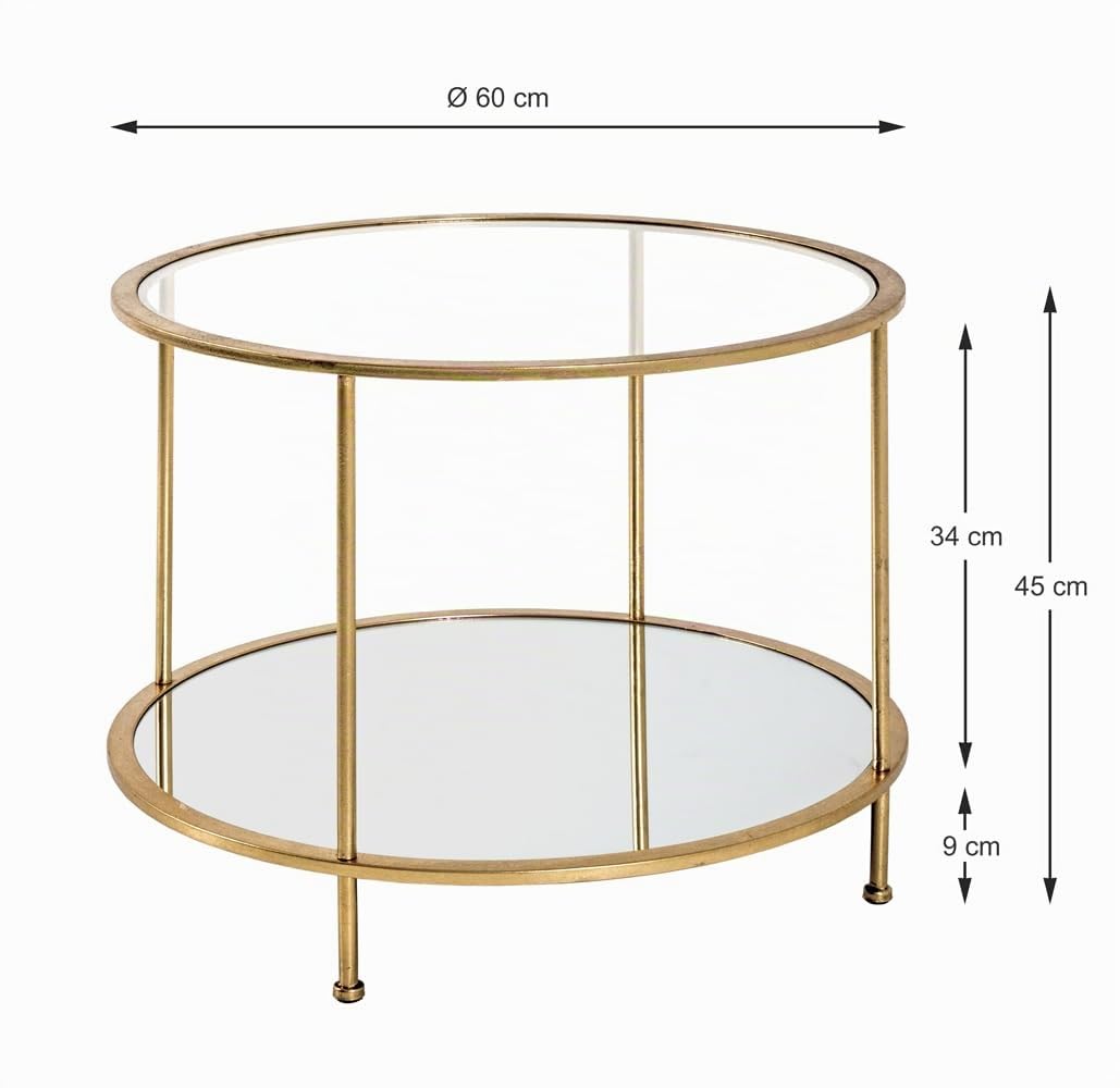 HAKU Tavolino rotondo Tavolino con piano in vetro, metallo dorato, vetro di sicurezza 5 mm, specchio 4 mm - Dimensioni: A 45 x Ø 60 cm Stile: Art Déco