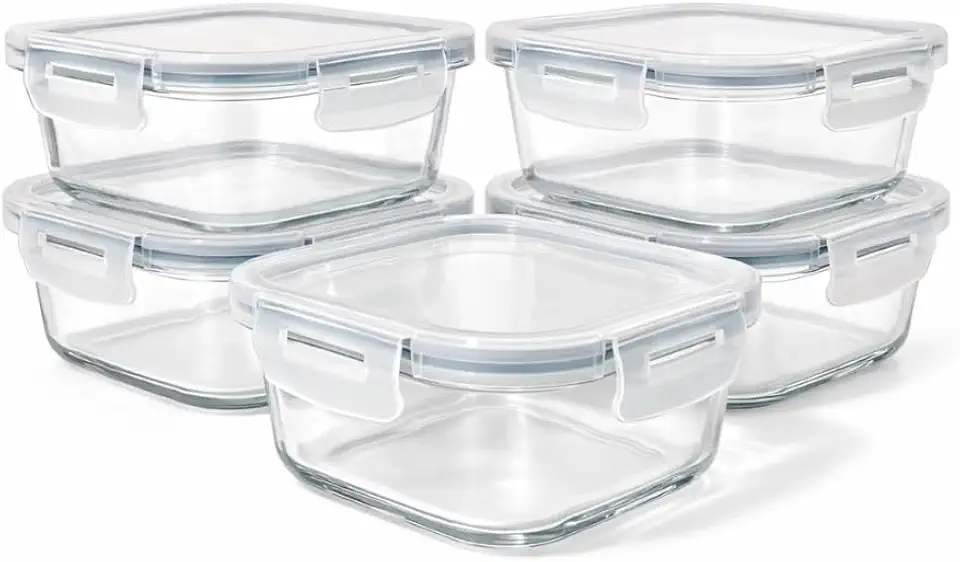 Kit 5 Potes de Vidro Hermeticos Retangulares 650ml com Tampa 4 Travas e Silicone – Recipientes de Vidro para Marmita, Meal Prep e Armazenamento de Alimentos – Microondas, Freezer e Forno Premium