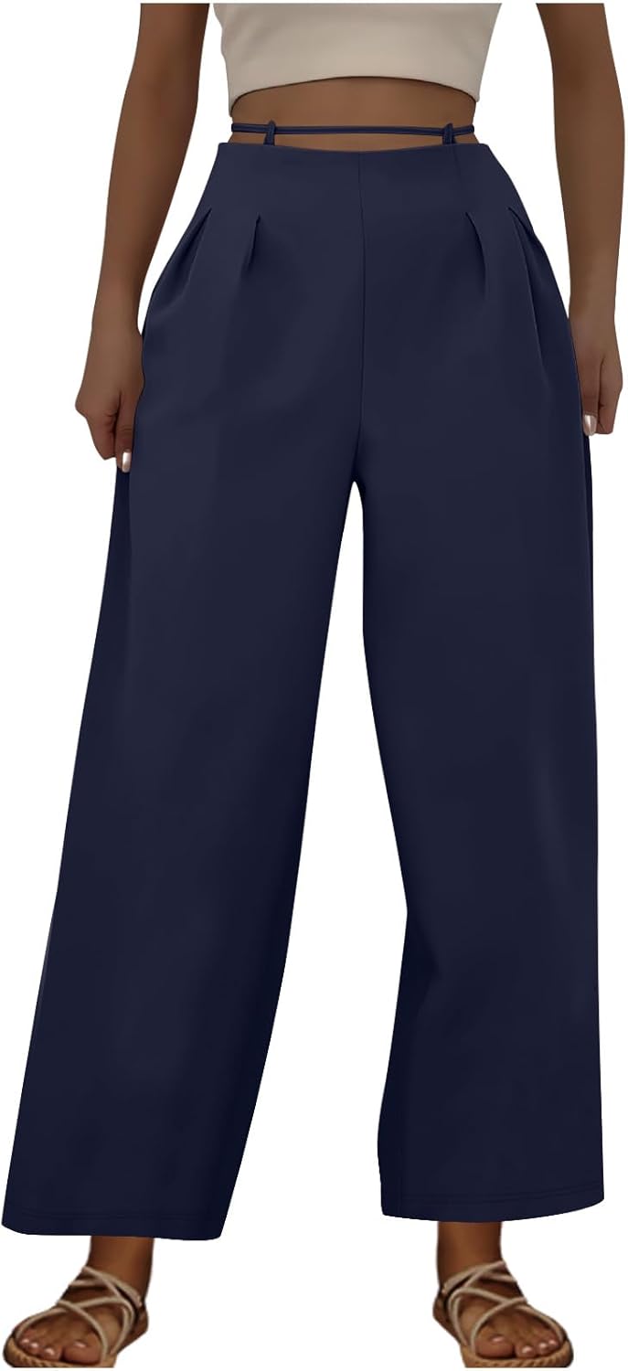 HGps8w Women's Straight Leg Dress Pants 2025 High Waisted Pull On Pleated Versatile Business Casual Work Pants with Pockets