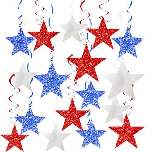 4th of July Decorations Red White Blue/Graduations Party Decorations Red Blue/Patriotic Hanging Star Streamers Red White Blue Glitter Stars with Swirls Memorial Day Veterans Day