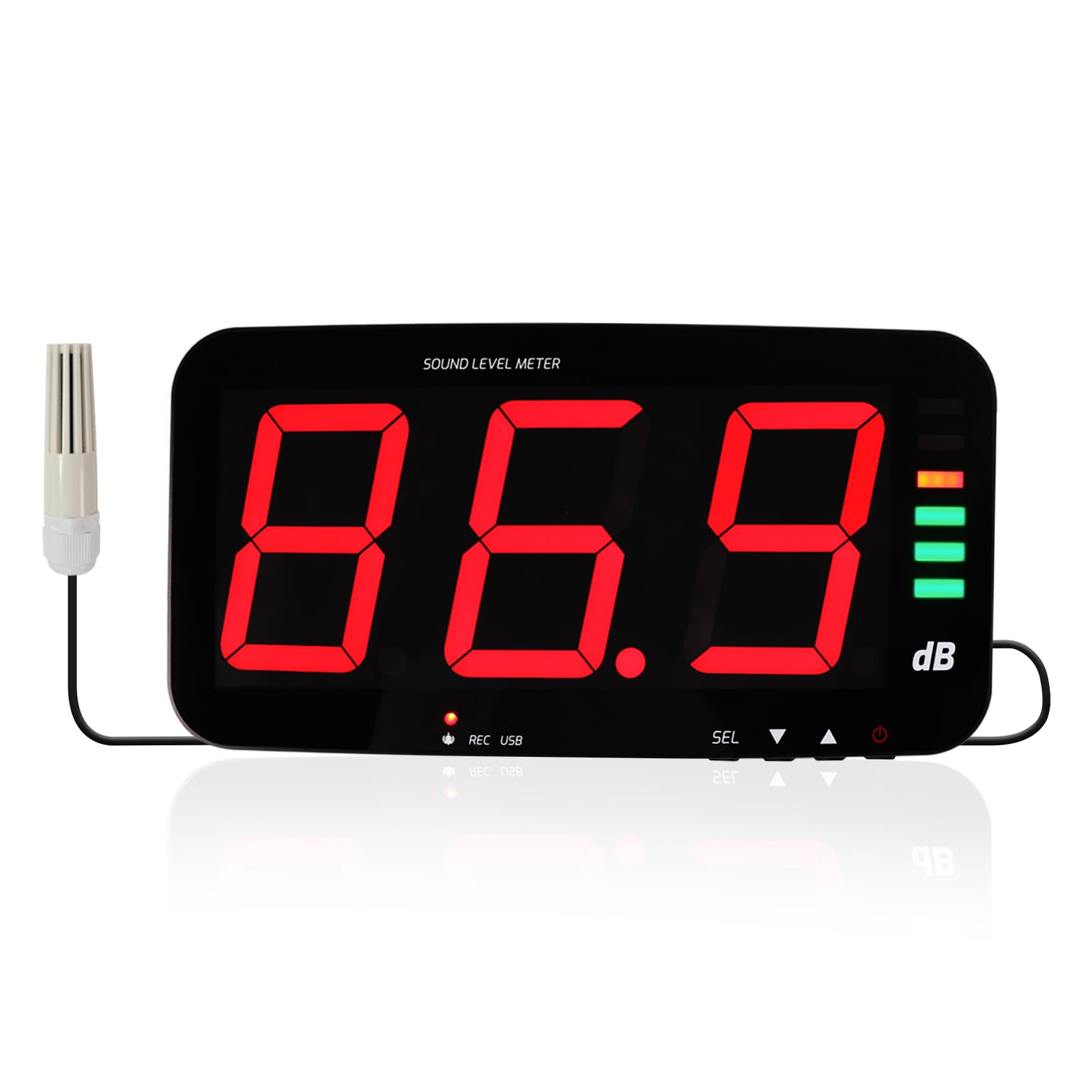 Decibel, misuratore di livello sonoro con registrazione dati, misuratore di rumore da parete con ampio display LCD da 13", sensore con cavo da 2 m, uscita allarme per misurazione e registrazione del