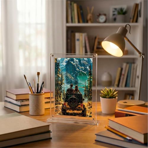 Image of Mini Leaves Couple on a Bike Acrylic Frame Jigsaw Puzzle 140 Pieces | Romantic Desk Decor with Display Frame | Premium Collectible Gift for Couples Friends & Puzzle Lovers