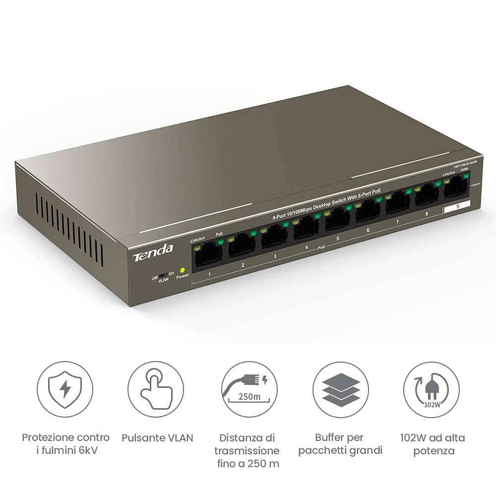 Tenda PoE Switch,9 Porte 10/100 Mbps,8 Porte PoE,VLAN,102W,IEEE 802.3af/at,Nessuna Configurazione Necessaria,Protezione da Sovraccarico,Protezione Antifulmine Professionale(TEF1109P-8-102W)