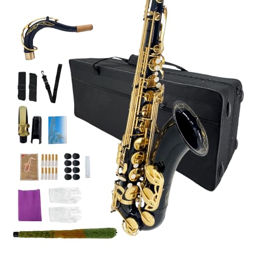 Image of Yinfente Bb Tenor Saxophone Professional Beginner Kit-B Flat Tenor Sax Complete Student Set with Hard Case,Reeds,Cleaning Cloth,Neck Straps,Mouthpiece Black&Gold
