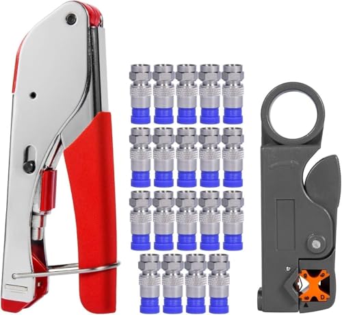 Coaxial Cable Crimper for RG59, RG6, 3-in-1 Coax Cable Repair Kit with Wire Stripper Adjustable for RG59, RG11, RG7, F-Type RG6 Connector for Satellite TV, Home Theater and Network Cabling (20)