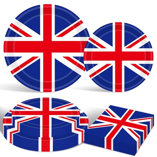 75 Pcs UK Flag Party Supplies Set - Serves 25 British Union Jack Disposable Tableware Includes Paper Plates and Napkins for Birthday Sports Events National Day and British-Themed Celebrations