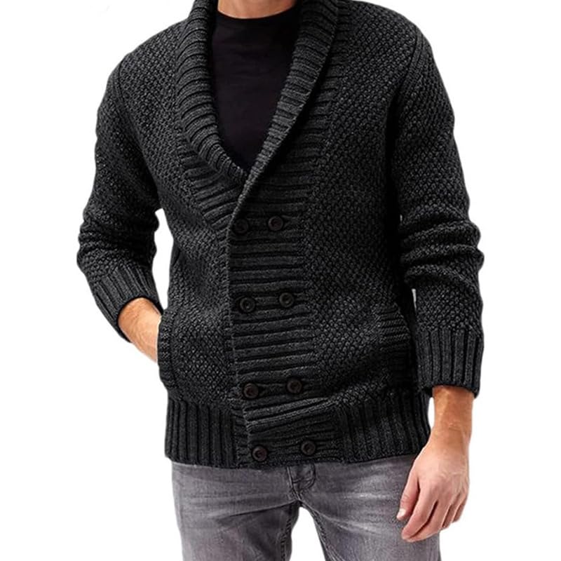 Men's Double-Breasted Lapel Cardigan Sweater with Long Sleeves for Autumn and Winter | Black | 2XL-image-39