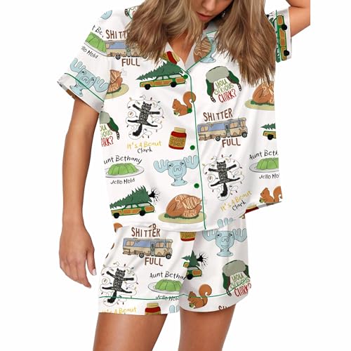 It's A Beaut Clark Christmas Vacation Allover Print Lounge Sleep Pajama Set, Griswold Christmas Griswold Co Set, Christmas Tree Farm White