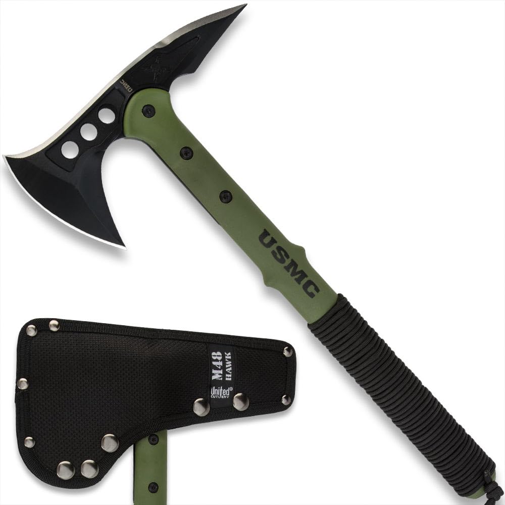 USMC Tactical Tomahawk | 2Cr13 Stainless Steel Head | 3 7/8" Blade and Curved Spike | Fiberglass and Nylon Reinforced Handle | Cord Handle Wrappings |