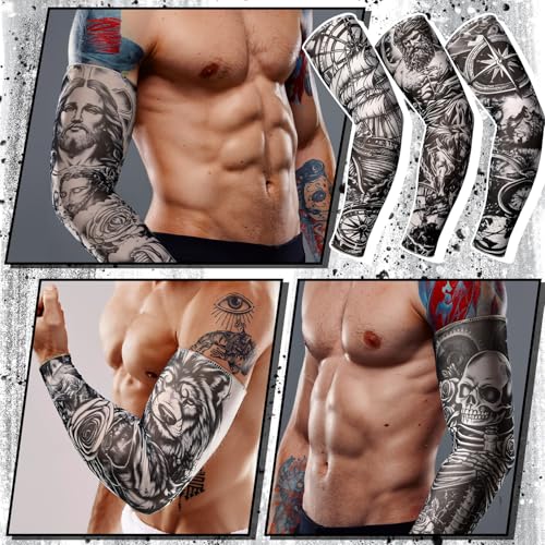 Boao 12 Pcs Temporary Tattoo Sleeve for Men Cooling Arm Sleeves Long Fingerless Arm Cover Anti Slip UV Protection Sun4
