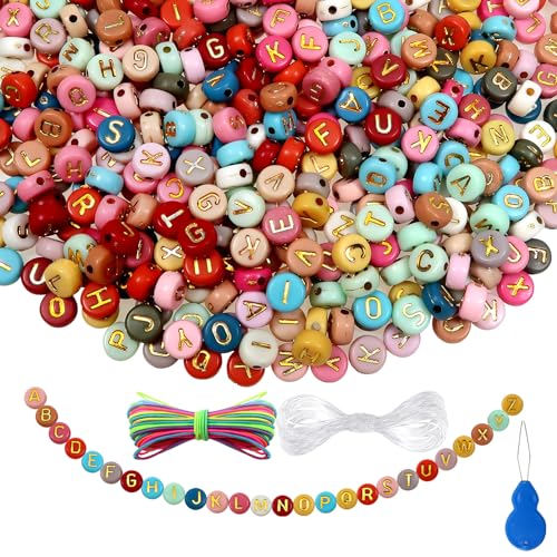 TOAOB 1000 Pieces Colourful Letters Alphabet Acrylic Flat Round Gold Letters 4 x 7 mm Beads for Bracelets Necklaces DIY Fashion Jewellery Beads