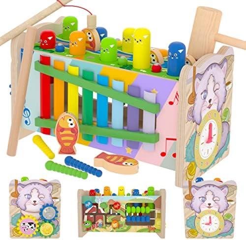 8 in 1 Wooden Montessori Hammering and Pounding Toys for 1+ Year Old Whack a Mole Game Xylophone Fishing Worm Catching Toys for 1 2 3 4 Year Old Boys Girls Toddlers Educational Learning Sensory Toys