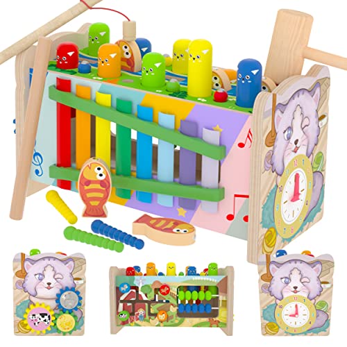 8 In 1 Wooden Montessori Hammering And Pounding Toys For 1+ Year Old Whack A Mole Game Xylophone Fishing Worm Catching Toys For 1 2 3 4 Year Old Boys Girls Toddlers Educational Learning Sensory Toys #TOP2