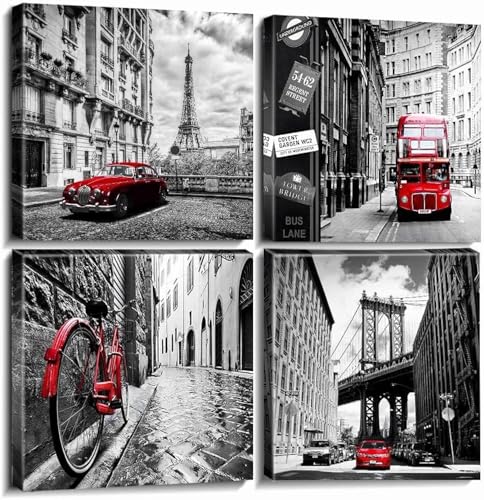 Black and White Wall Art for Living Room Modern Bedroom Decor Red City Wall Pictures London Paris Cityscape Canvas Prints Europe Building Landscape Posters Artwork Office Home Decoration 30x30CM 4PCs