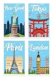 Travel Posters, Set of 4, 11x17 Inches, Wall Art Print Decor, New York, London, Tokyo, Paris
