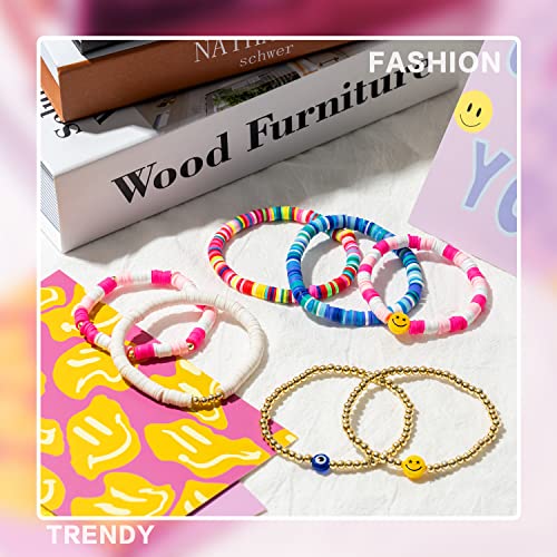 Y1Tvei 7Pcs Heishi Surfer Bracelets Set Colorful Preppy Happy Smile Evil Eye Beaded Stretch Bracelets Clay Stackable Boho Disc Bracelets Y2K Kidcore Aesthetic Summer Beach Jewelry For Women Girls #TOP3