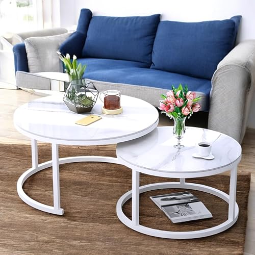 Image of Two-Piece Marble Look Coffee Table Set, top end Side Table, Metal Frame Cocktail Table, Nesting Tea Table, and Home Furniture Size for Living Rooms (White)