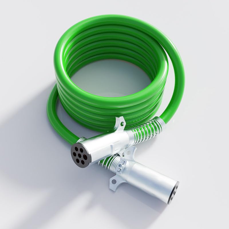 7-Way Coiled Trailer Cord, Green, 15 ft, Pure Copper Conductor, PVC/TPE Jacket, IP66, for Truck, Trailer, and RV