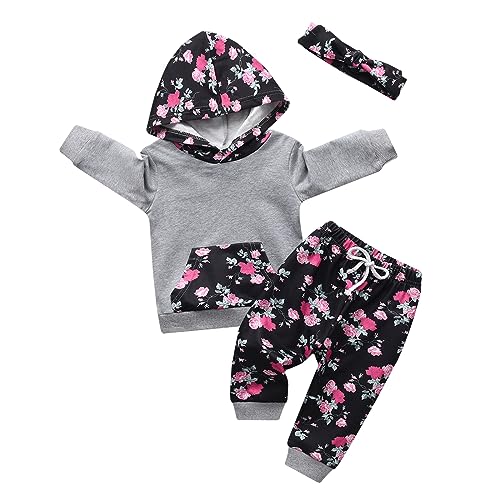 Image of Eghunooy Baby Girl Clothes Long Sleeve Floral Hoodie Sweatshirt Pants with Pocket Headband Outfit Sets