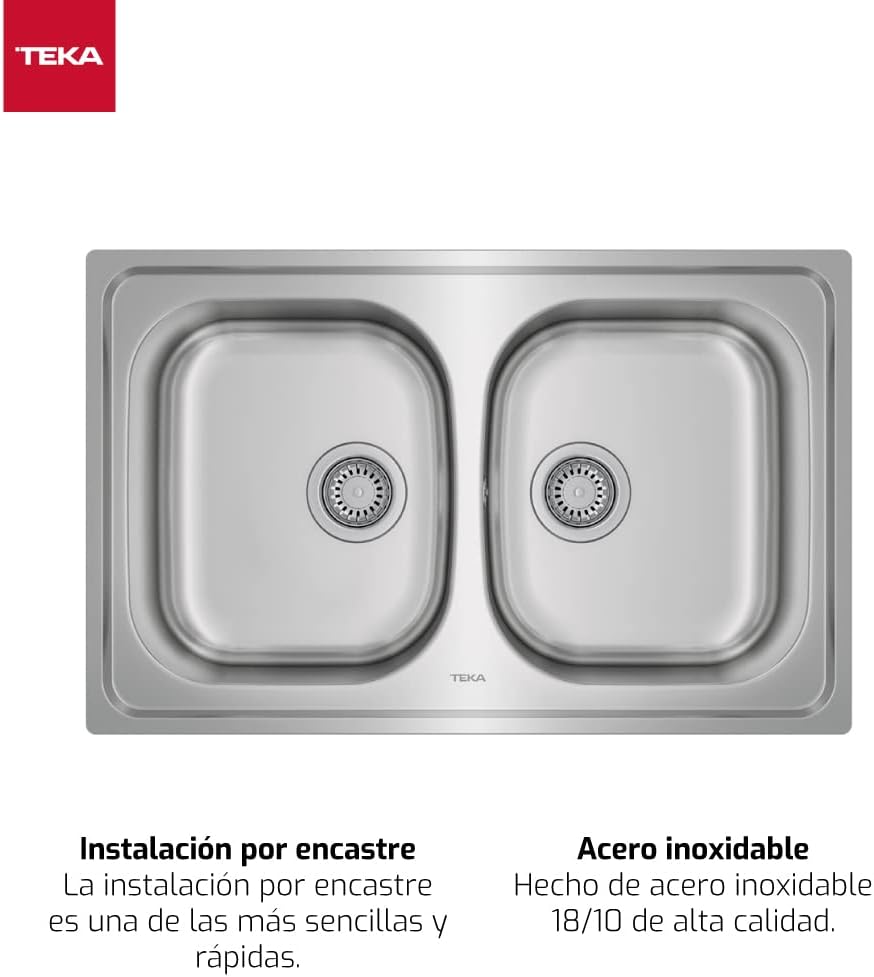 Teka Universe 80 T-XP 2C – Built-in Sink 80 cm, 2 Basins, Manual Drain Valve, Soundproofing, Polished Finish, Stainless Steel Colour