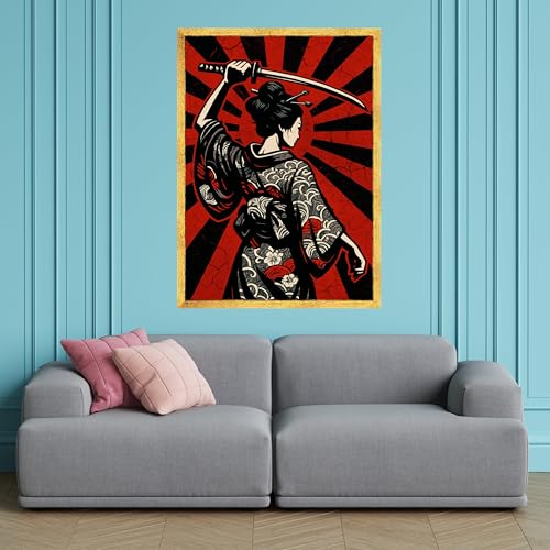 Toile de geisha féroce rouge et noire pour salon au style asiatique