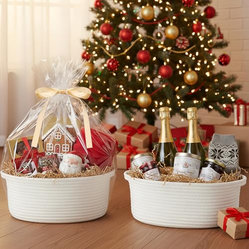Image of Colingmill Woven Basket with Gift Bags and 2 Ribbons, Raffia Grass Paper Shred Filler, Gift Card, Empty Small Rope Basket for Storage Presents Toy Organizer(White,14 * 10 Inch)