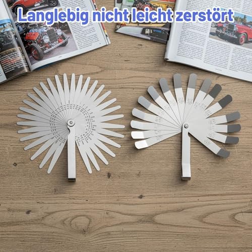 2-teiliges Fühlerlehre-Set, Faltbares Werkzeug ventillehre, Messkeil-Set Mit 32 Spitzen Und 16 Gebogenen Spitzen, Präzises Messwerkzeug für Ventile, Gitarre, Zündkerze, Kolben messen