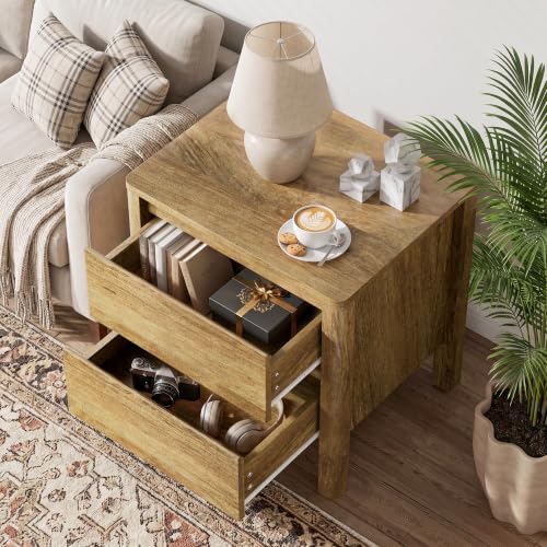 Image of Furniway Nightstands Set of 2, 2 Drawer Nightstand with Wood Legs, Mid-Century Modern Bedside Table with Storage, Wooden End Table for Bedroom, Oak