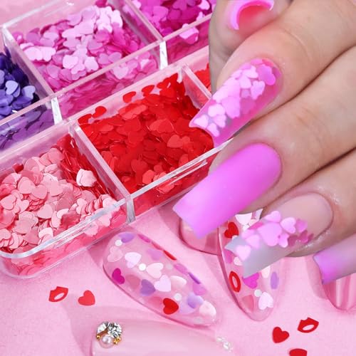 6 Grids Valentines Nail Art Glitter Sequins 3D Holographic Heart Nail Glitter Flakes Red Pink Purple Design Red Lips Sequins Decorations for Women DIY Manicure Supplies