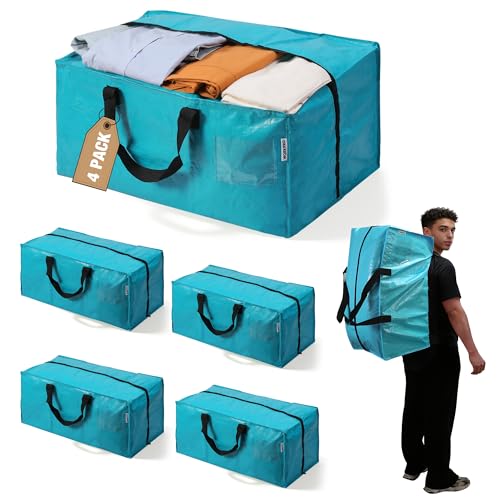 WORKPRO 4 Pack Extra Large Moving Bags with Zippers & Carrying Handles Backpack Straps, Heavy-Duty Storage Tote for Space Saving Moving Storage (Blue)