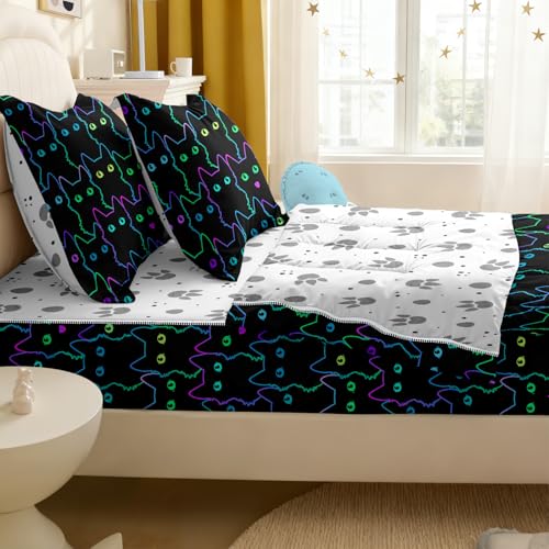 Image of Kids Comforter Set,Zipper Bedding Twin for Teen,Black Cats Printed Comforter Set with Paw Fitted Sheets and Pillowcases for All Season(Cats-C)