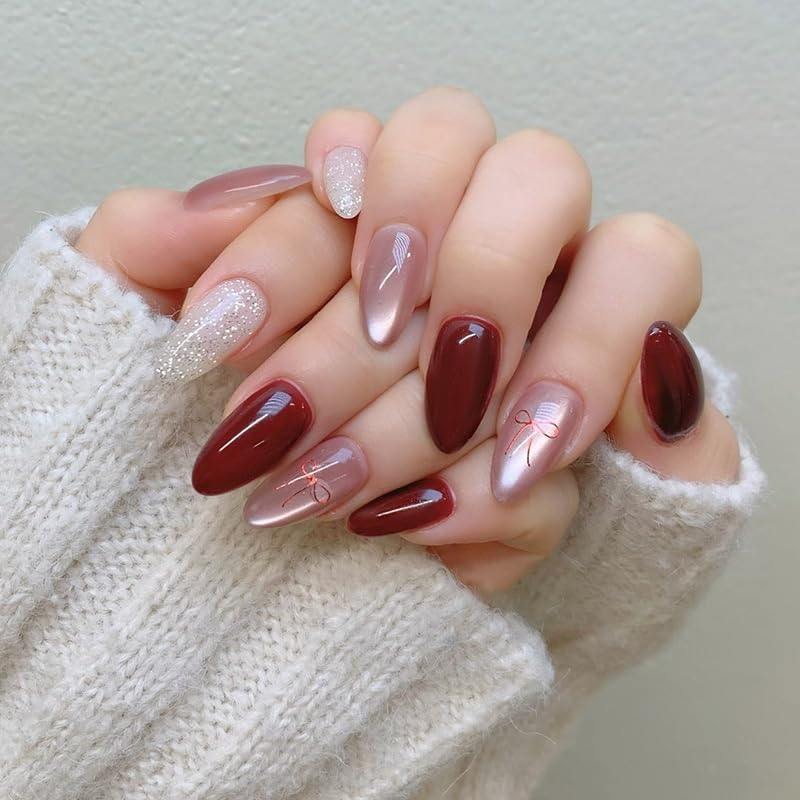 Press on Nails Medium Almond Red Cat Eye Fake Nails with Simple B...
