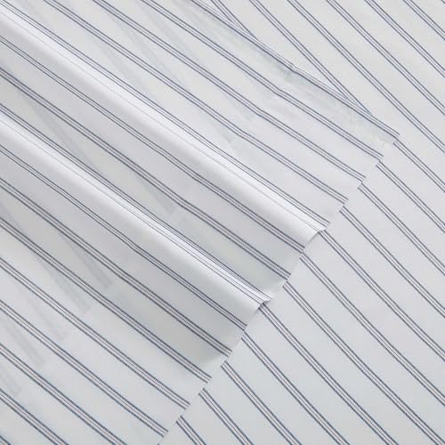 Image of Tommy Hilfiger - Full Size Sheet Set, Crisp & Tailored Cooling Sheets with a Smooth Cotton Percale Lightweight Feel - Bed Sheets with Matching Pillowcases & Fitted Sheet (Joshua Tree Stripe Blue)