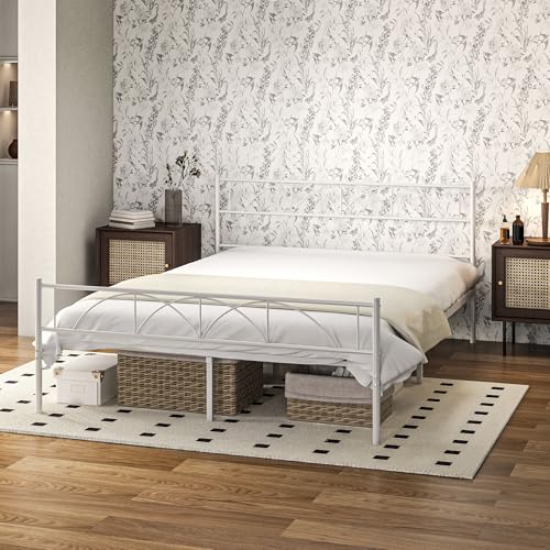 HOMCOM Cama Doble 135x190 cm Estructura de Cama Somier Altura 28 cm con Cabecera Listones de Acero y Espacio de Almacenamiento Debajo Carga 330 kg Blanco