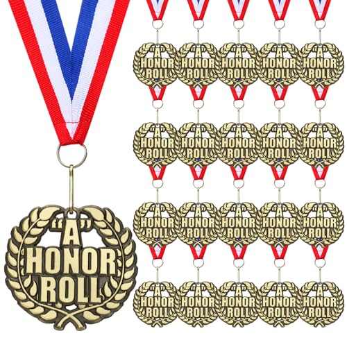 Kenning 30 Pcs 2'' A Honor Roll Medals Gold Trophy Winner Bulk with Neck Ribbons Metal Award Prize Gift for Kids Students Adults School Graduation Participation Competitions