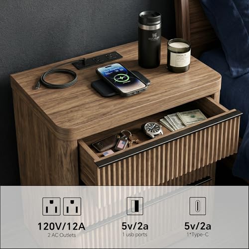 Image of FUSUNBAO Fluted Night Stand with Charging Station,3 Drawers Large End Table with Storage,Natural Nightstand Wood Bedside Tables,Farmhouse Cabinet Dresser for Bedroom,Sofa Table (1, Grey Alder)