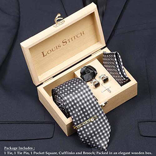 Image of LOUIS STITCH Mens Silk NeckTie Golden Tiepin Gift Combo Set With Pocket Square Cufflinks Brooch Tie Golden Tiepin (Suit Accessories) (Britain)