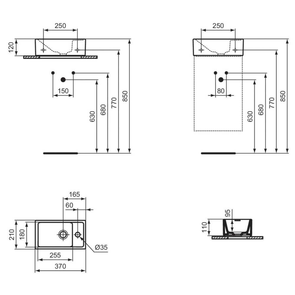 Ideal Standard I.LIFE TEMPO, Lave-mains pour Salle de bain ou Toilettes, 37 x 21 x 11 cm, Fixation Mur ou Meuble Ilife, Céramique, Percé à Droite, Trop-Plein, Blanc, E211201
