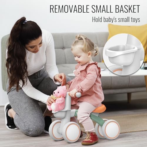 Umatoll Baby Balance Bike Toys for 1 Year Old Boys Girls Gifts, Adjustable Seat Baby Walker, First Birthday Gifts, 12-24 Months Toddler Ride on Toys with Removable Basket, Green — view 2