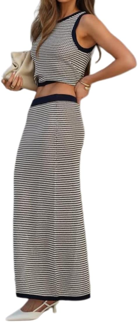 ksotutm Womens Two Piece Sets Knit Summer Outfits Round Neck Tank Top Low Waist Maxi Skirt Business Casual Outfits
