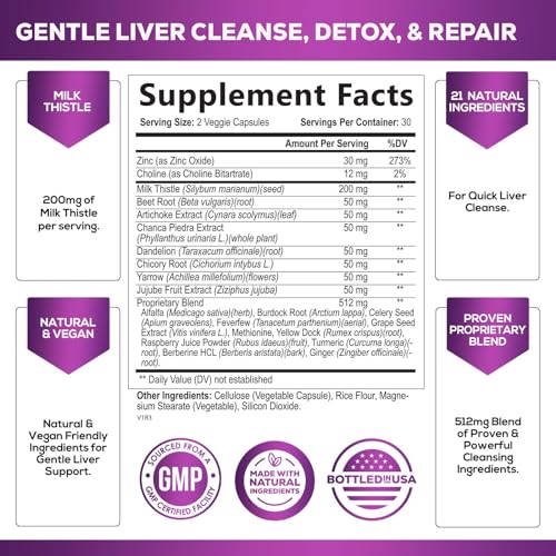 Gentle Liver Cleanse Detox & Repair Formula - Herbal Liver Support Supplement: Milk Thistle with Silymarin, Artichoke Extract, Dandelion, Beet, Chicory Root, & Turmeric for Liver Health - 60 Capsules - Image 3