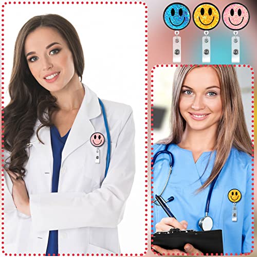Badge Reel Retractable Smile Face Glitter Badge Holder Name Tag Holders Id Badge Clip With Alligator Clip For Office Nurses Doctors (3 Pcs) #TOP5