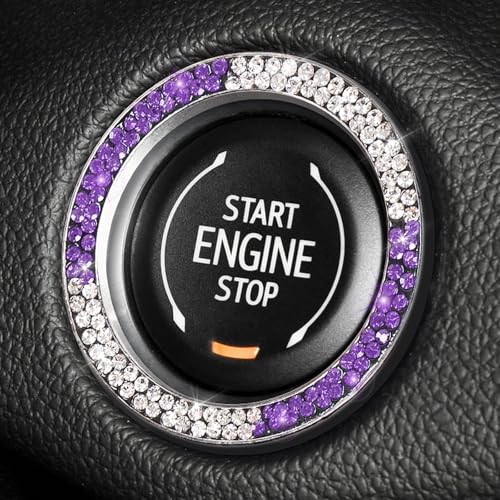 Image of ToBeQueen White Purple Bling Start Button Cover Emblem Sticker, Crystal Diamond Rhinestone Push Start Ring Car Decor, White and Purple Car Accessories