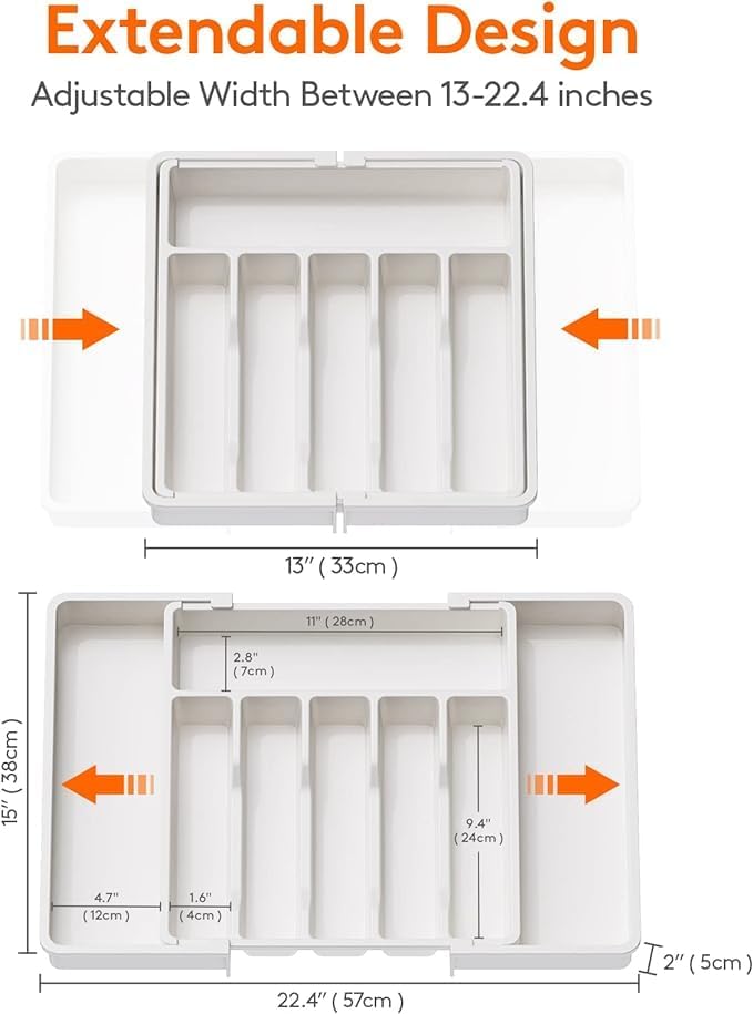Image of Expandable Cutlery Organizer for Kitchen Drawer | Adjustable Utensil, Spoon, Fork, Spatula, Knife Storage Plastic Divider Tray 8 Compartments | BPA Free - White